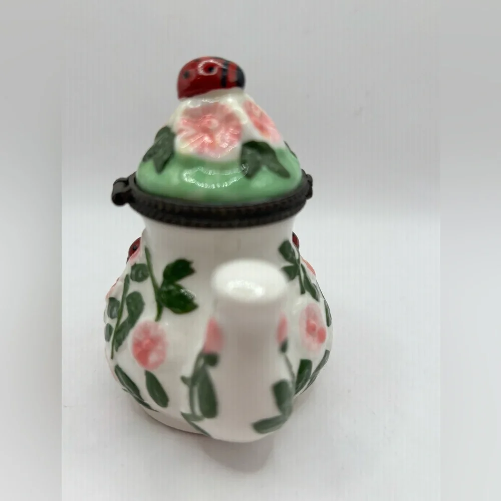 Retro Trinket Box Teapot Ladybug Floral Motif Keepsake 3.5